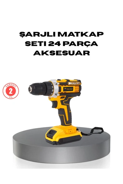 Çift Bataryalı Darbeli Şarjlı Matkap Seti – Metal Dişli, 24 Parça Aksesuar ve LED Işıklı ürün görseli 1