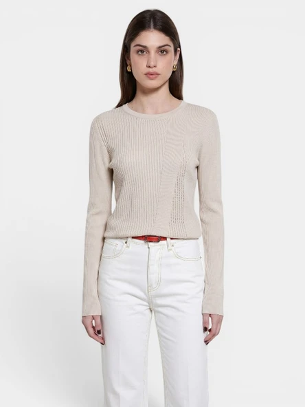 Sisley   %100 Pamuk Karışık Nervürlü Bisiklet Yaka Regular Fit Kazak Kadın Pembe Kazak - 325A10C1L106M ürün görseli 1