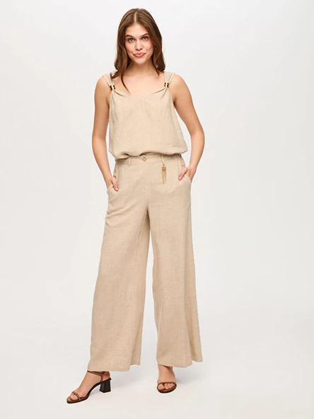 Faik Sönmez Wide Leg Fit Metal Aksesuarlı Keten Karışımlı Pantolon US26PNT034 ürün görseli 1