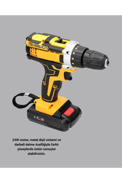24 Parça Çift Bataryalı Akülü Darbeli Matkap – Güçlü Motor, Metal Dişli, LED Işıklı ürün görseli 1