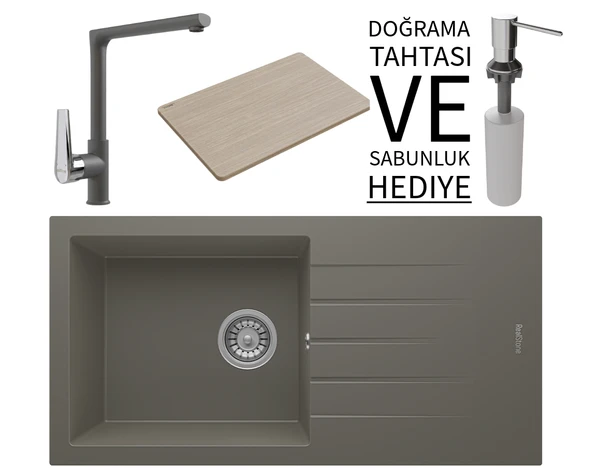 Realstone P011 Assos 86 XL Granit Eviye & Vesta Batarya Seti (+ Bambu Tahta ve Sabunluk Hediyeli) - Gri ürün görseli 1