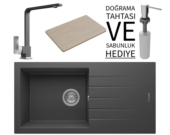 Realstone P011 Assos 86 XL Granit Eviye & Göksu Mutfak Bataryası Seti (+ Sabunluk ve Bambu Tahta Hediyeli) - Antrasit ürün görseli 1