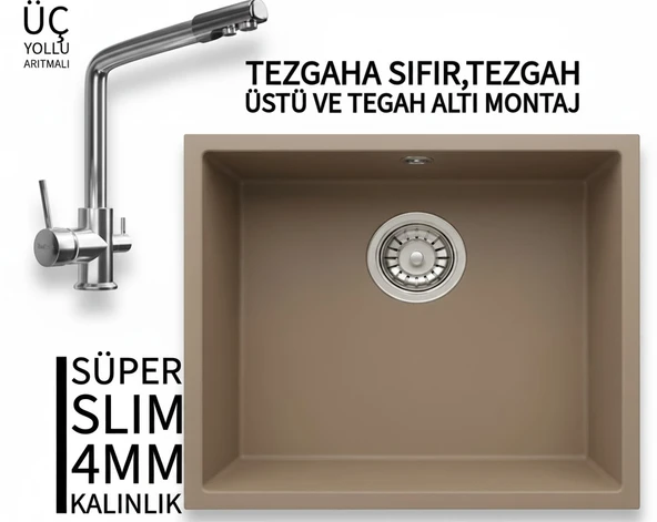 RealStone Steep 50 Cappuccino Granit Evye & Abant Krom Batarya Seti ürün görseli 1