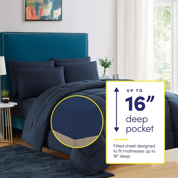Sweet Home Collection 7 Parça Yorgan Seti Çanta Düz Renk Tüm Sezon Yumuşak Kuş Tüyü Alternatif Battaniye ve Lüks Mikrofiber Yatak Çarşafları, Siyah, İkiz XL ürün görseli 1