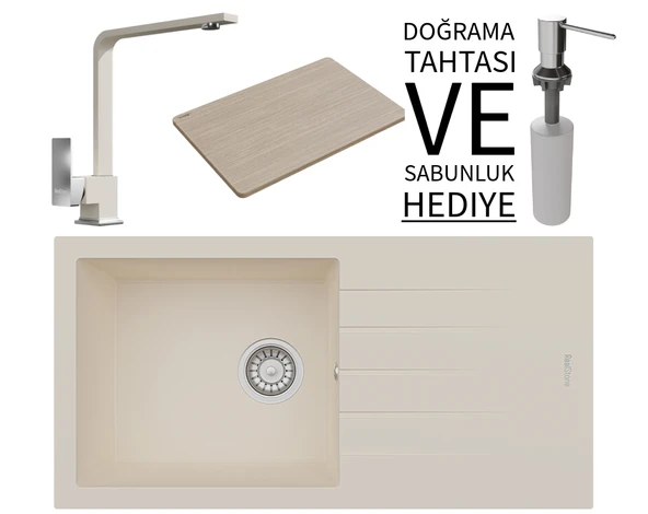 Realstone P011 Assos 86 XL Granit Eviye & Göksu Mutfak Bataryası Seti (+ Sabunluk ve Bambu Tahta Hediyeli) - Krem ürün görseli 1