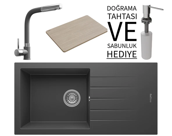 Realstone P011 Assos 86 XL Granit Eviye & Sümela Batarya Seti (+ Bambu Tahta ve Sabunluk Hediyeli) - Antrasit ürün görseli 1
