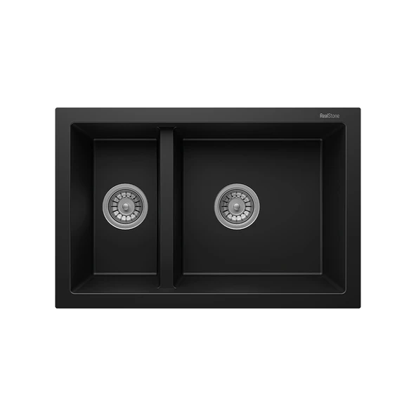 RealStone Bergama P018 Granit Evye 770x530 mm Damlalıksız Çift Göz Mutfak Evyesi - RealStone 018 Bergama Siyah ürün görseli 1