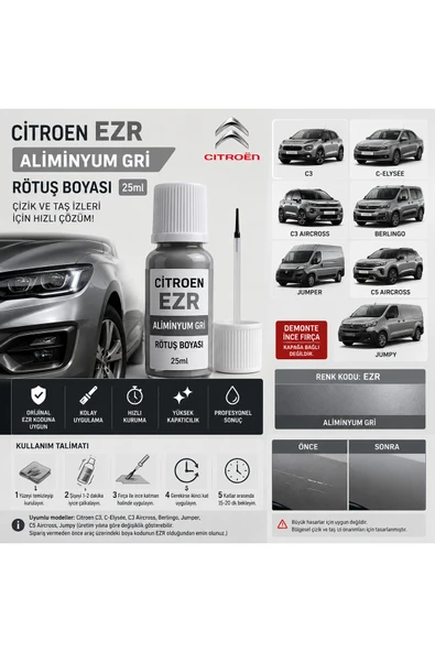 CİTROEN EZR Alüminyum Gri Rötuş Boyası 25 ml – Kendin Yap Çizik Giderici Set ürün görseli 1