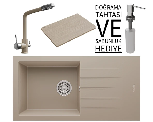 Realstone P011 Assos 86 XL Granit Eviye & Abant Arıtmalı Batarya Seti (+ Sabunluk ve Bambu Tahta Hediyeli) - Cappuccino ürün görseli 1