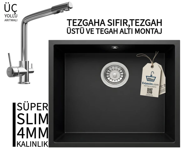 RealStone Steep 50 Siyah Granit Evye & Abant Krom Batarya Seti ürün görseli 1