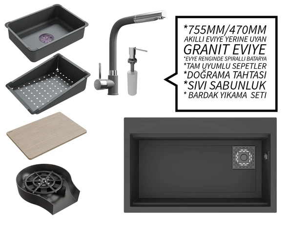 Realstone 75 cm Kompakt Set - Akıllı Eviye Uyumlu Granit Eviye ve Spiralli Batarya Paketi - Antrasit ürün görseli 1