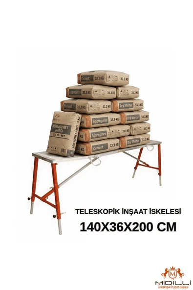 Alüminyum Gövdeli Çelik Ayaklı Teleskopik İnşaat İskelesi Kırmızı - 400 Kg Taşıma Kapasitesi 140x36x200cm ürün görseli 1