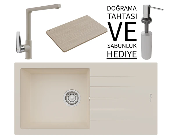 Realstone P011 Assos 86 XL Granit Eviye & Vesta Batarya Seti (+ Bambu Tahta ve Sabunluk Hediyeli) - Krem ürün görseli 1