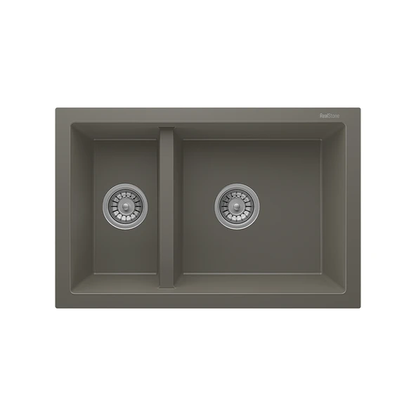 RealStone Bergama P018 Granit Evye 770x530 mm Damlalıksız Çift Göz Mutfak Evyesi - RealStone 018 Bergama Gri ürün görseli 1