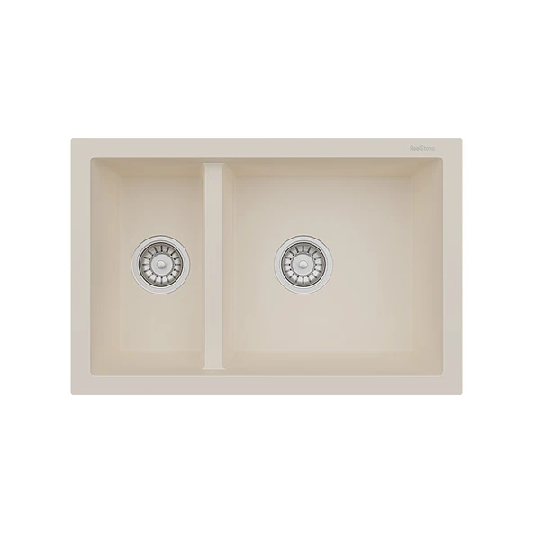 RealStone Bergama P018 Granit Evye 770x530 mm Damlalıksız Çift Göz Mutfak Evyesi - RealStone 018 Bergama Krem ürün görseli 1
