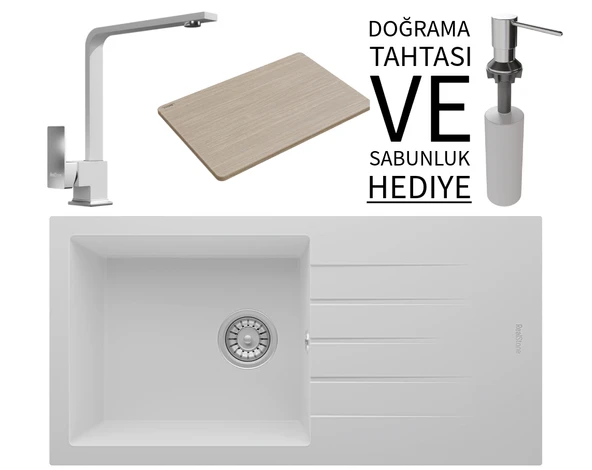 Realstone P011 Assos 86 XL Granit Eviye & Göksu Mutfak Bataryası Seti (+ Sabunluk ve Bambu Tahta Hediyeli) - Beyaz ürün görseli 1