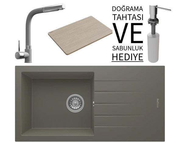 Realstone P011 Assos 86 XL Granit Eviye & Sümela Batarya Seti (+ Bambu Tahta ve Sabunluk Hediyeli) - Gri ürün görseli 1