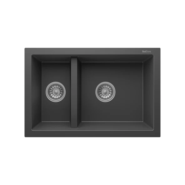 RealStone Bergama P018 Granit Evye 770x530 mm Damlalıksız Çift Göz Mutfak Evyesi - RealStone 018 Bergama Antrasit ürün görseli 1