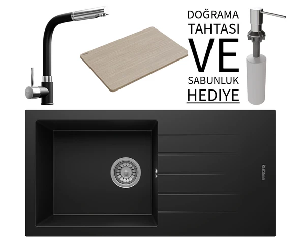 Realstone P011 Assos 86 XL Granit Eviye & Sümela Batarya Seti (+ Bambu Tahta ve Sabunluk Hediyeli) - Siyah ürün görseli 1