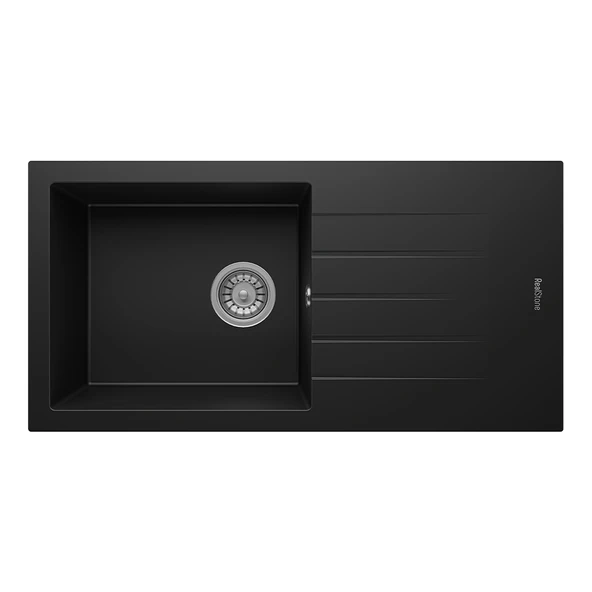 RealStone Assos 86 XL P011 Granit Evye 860x435 mm Tek Göz Damlalıklı Mutfak Evyesi - RealStone P011 Assos 86 XL Siyah ürün görseli 1