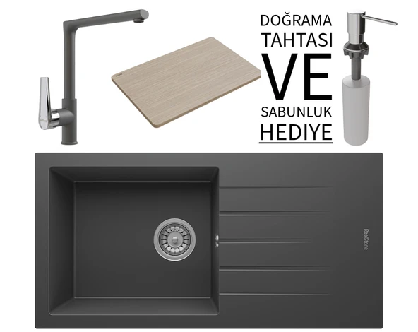 Realstone P011 Assos 86 XL Granit Eviye & Vesta Batarya Seti (+ Bambu Tahta ve Sabunluk Hediyeli) - Antrasit ürün görseli 1