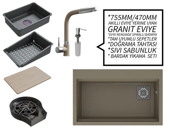 Realstone 75 cm Kompakt Set - Akıllı Eviye Uyumlu Granit Eviye ve Spiralli Batarya Paketi - Cappuccino ürün görseli 1
