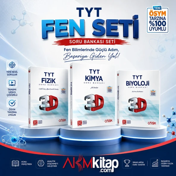 3D TYT Fizik Kimya ve Biyoloji Soru Bankası Seti 3 Kitap ürün görseli 1