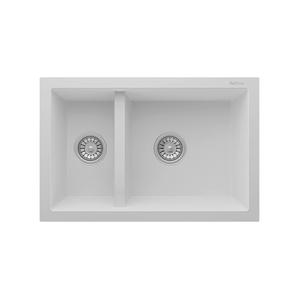 RealStone Bergama P018 Granit Evye 770x530 mm Damlalıksız Çift Göz Mutfak Evyesi - RealStone 018 Bergama Beyaz ürün görseli 1