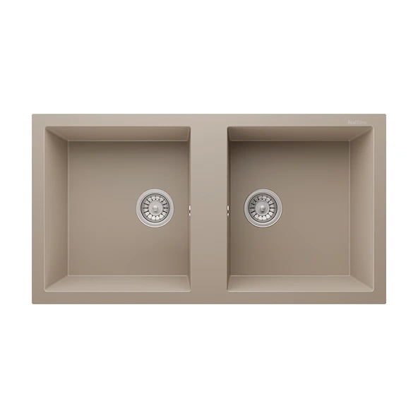 RealStone Nemrut 97 P019 Granit Evye 970x520 mm Çift Göz Damlalıksız Mutfak Evyesi - RealStone p019 Nemrut Cappuccino ürün görseli 1