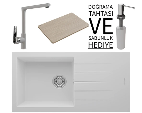 Realstone P011 Assos 86 XL Granit Eviye & Vesta Batarya Seti (+ Bambu Tahta ve Sabunluk Hediyeli) - Beyaz ürün görseli 1