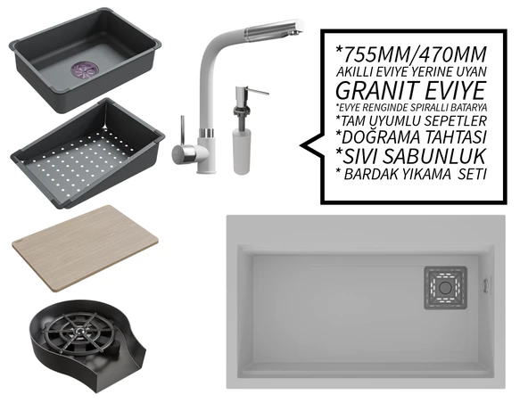 Realstone 75 cm Kompakt Set - Akıllı Eviye Uyumlu Granit Eviye ve Spiralli Batarya Paketi - Beyaz ürün görseli 1