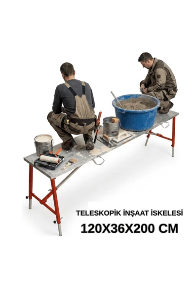 Alüminyum Gövdeli Çelik Ayaklı Teleskopik İnşaat İskelesi Kırmızı - 400 Kg Taşıma Kapasitesi 120x36x200cm ürün görseli 1