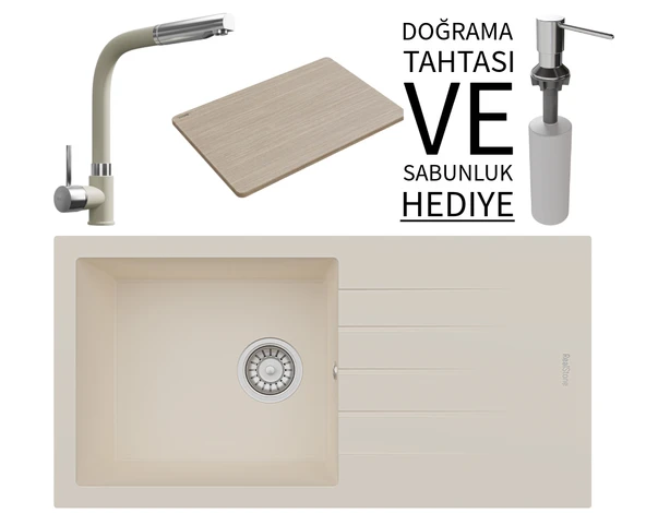 Realstone P011 Assos 86 XL Granit Eviye & Sümela Batarya Seti (+ Bambu Tahta ve Sabunluk Hediyeli) - Krem ürün görseli 1