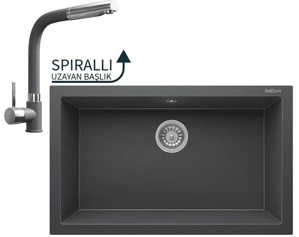 Realstone Gordion 77 Granit Eviye ve Abant Üç Yollu Arıtma Çıkışlı Batarya Seti - 765x475 mm - Antrasit ürün görseli 1
