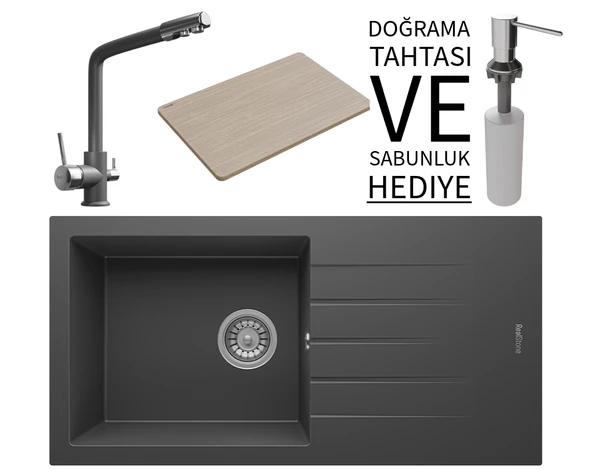 Realstone P011 Assos 86 XL Granit Eviye & Abant Arıtmalı Batarya Seti (+ Sabunluk ve Bambu Tahta Hediyeli) - Antrasit ürün görseli 1