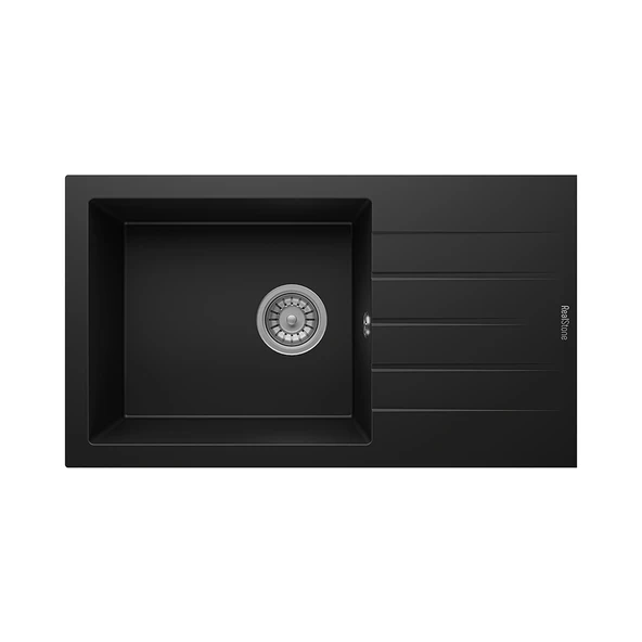RealStone Assos 76 Xl P010 Granit Evye 760x435 mm Tek Göz Damlalıklı Mutfak Evyesi - RealStone P010 Assos 76 XL Siyah ürün görseli 1
