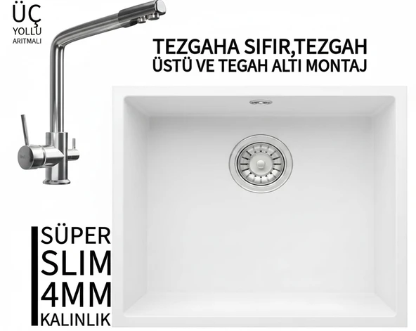 RealStone Steep 50 Beyaz Granit Evye & Sümela Krom Batarya Seti ürün görseli 1