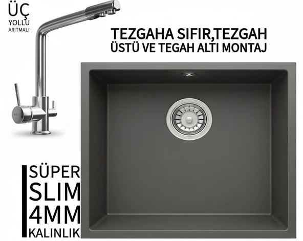 RealStone Steep 50 Gri Granit Evye & Abant Krom Batarya Seti ürün görseli 1