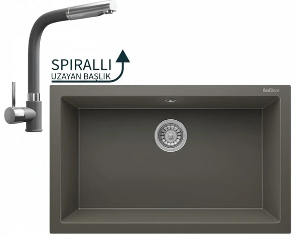 Realstone Gordion 77 Granit Eviye ve Sümela Spiralli Batarya Seti - 765x475 mm - Gri ürün görseli 1