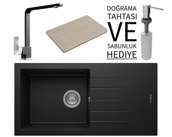 Realstone P011 Assos 86 XL Granit Eviye & Göksu Mutfak Bataryası Seti (+ Sabunluk ve Bambu Tahta Hediyeli) - Siyah ürün görseli 1