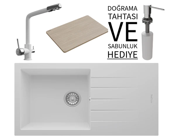 Realstone P011 Assos 86 XL Granit Eviye & Abant Arıtmalı Batarya Seti (+ Sabunluk ve Bambu Tahta Hediyeli) - Beyaz ürün görseli 1