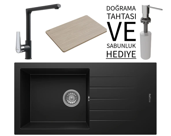 Realstone P011 Assos 86 XL Granit Eviye & Vesta Batarya Seti (+ Bambu Tahta ve Sabunluk Hediyeli) - Siyah ürün görseli 1