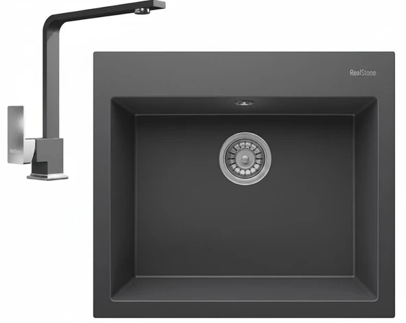Realstone Didyma 60 Granit Eviye ve Vesta Batarya Seti - 600x530 mm - Antrasit ürün görseli 1