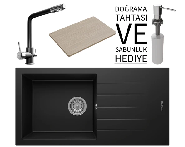 Realstone P011 Assos 86 XL Granit Eviye & Abant Arıtmalı Batarya Seti (+ Sabunluk ve Bambu Tahta Hediyeli) - Siyah ürün görseli 1