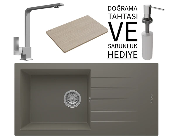 Realstone P011 Assos 86 XL Granit Eviye & Göksu Mutfak Bataryası Seti (+ Sabunluk ve Bambu Tahta Hediyeli) - Gri ürün görseli 1