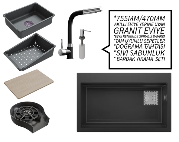 Realstone 75 cm Kompakt Set - Akıllı Eviye Uyumlu Granit Eviye ve Spiralli Batarya Paketi - Siyah ürün görseli 1