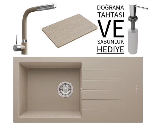 Realstone P011 Assos 86 XL Granit Eviye & Sümela Batarya Seti (+ Bambu Tahta ve Sabunluk Hediyeli) - Cappuccino ürün görseli 1