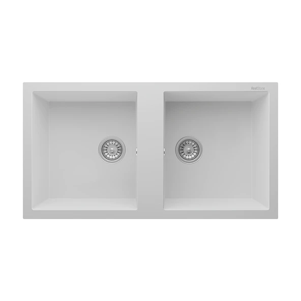 RealStone Nemrut 97 P019 Granit Evye 970x520 mm Çift Göz Damlalıksız Mutfak Evyesi - RealStone p019 Nemrut Beyaz ürün görseli 1