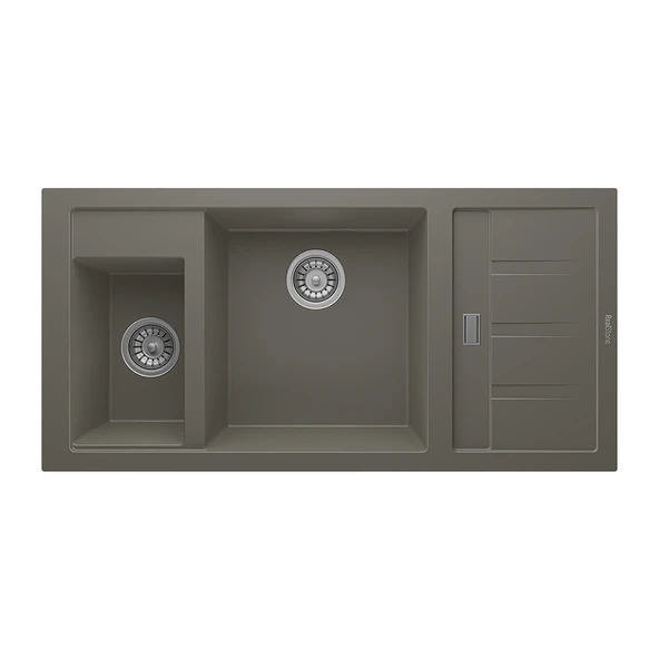 RealStone Aspendos P022 Damlalıklı Granit Evye 1000x500 mm Çift Göz Mutfak Evyesi - RealStone P022 Aspendos Gri ürün görseli 1
