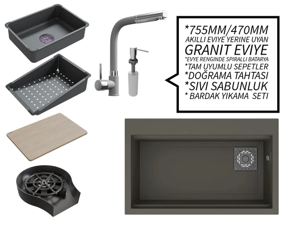 Realstone 75 cm Kompakt Set - Akıllı Eviye Uyumlu Granit Eviye ve Spiralli Batarya Paketi - Gri ürün görseli 1